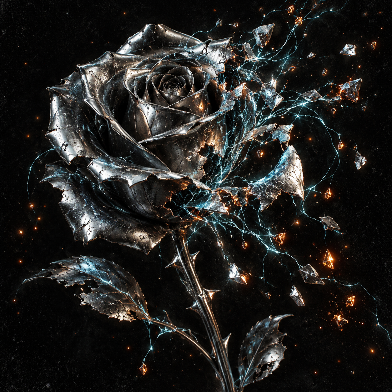 A sculptural chrome rose dissolving into light against a black background